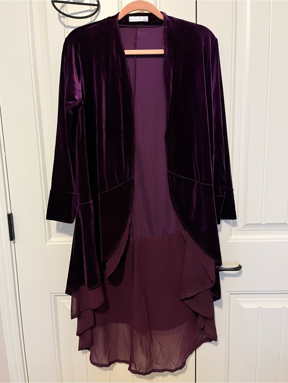 Velvet & Chiffon Open-Front Duster- Deep Plum